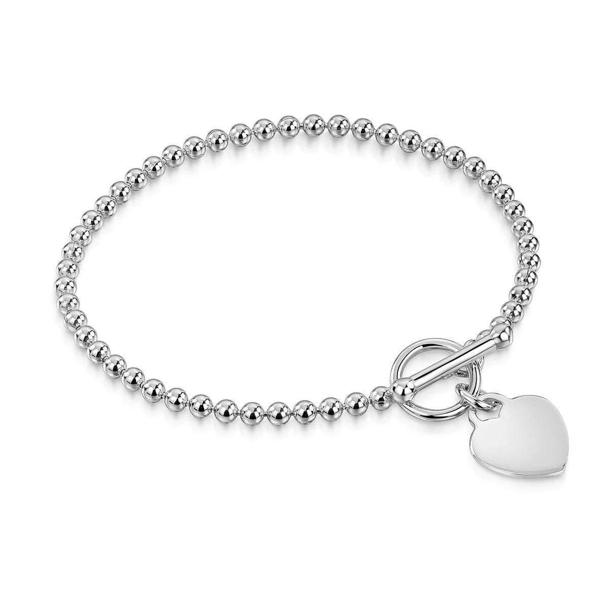 Personalised Bracelet T-Bar Heart On Bead Chain – Silver 3 Personalised Bracelet T-Bar Heart On Bead Chain – Silver