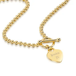 Personalised Bead Chain T-Bar Heart Necklace – Gold -Fashion Accessories 0003HK 2520 YG 2