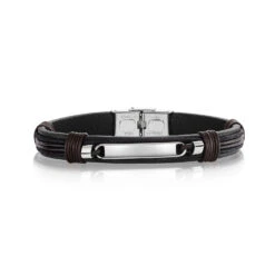 Black Leather & Brown Cord ID Bar Bracelet – LARGE -Fashion Accessories B5416 1