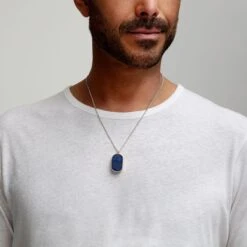 Men’s Large Lapis Dog Tag Locket – Silver -Fashion Accessories DCLK 002074 LAPIS SS