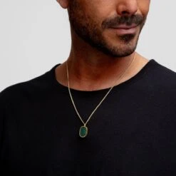 Men’s Small Malachite Dog Tag Locket – Gold -Fashion Accessories DCLK 002287 MALACHITE YGP