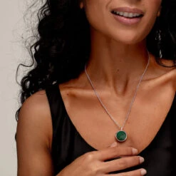 Malachite Modern Round Locket – Silver -Fashion Accessories DCLK 854 MALACHITE SS 1