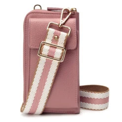 Personalised Leather Phone Bag – Dusty Rose/Biscuit Strap
