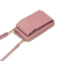 Personalised Leather Phone Bag – Dusty Rose/Biscuit Strap -Fashion Accessories EB Phonebag Dusty Pink 3