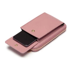 Personalised Leather Phone Bag – Dusty Rose/Biscuit Strap -Fashion Accessories EB Phonebag Dusty Pink 4
