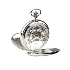 Dual Time Zone 17 Jewel Skeleton Pocket Watch – Silver