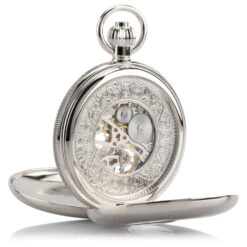 Double Hunter Reverse Porthole Pocket Watch – Silver -Fashion Accessories Jean Pierre silver porthole pocket watch reverse
