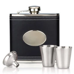 Leather Hip Flask Personalised – Black -Fashion Accessories Leather Hip Flask Black Gift Set