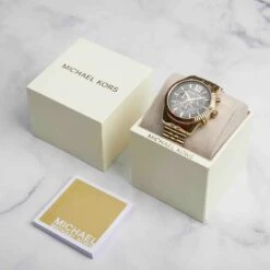 Michael Kors Extra Large Gold Mens Engraved Watch -Fashion Accessories Michael Kors Gold Watch and Box Packaging scaled 1