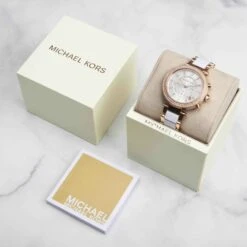 Ladies Michael Kors Parker Chronograph Watch -Fashion Accessories Michael Kors Womens Watch Flat Lay scaled 1