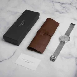Silver Mesh Strap Engraved Watch -Fashion Accessories Mr Beaumont Watch and Box scaled 1