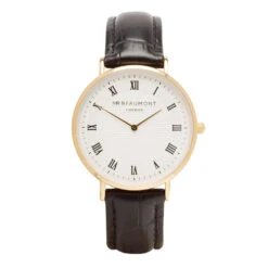 Retro Gold Case & Black Leather Strap Watch