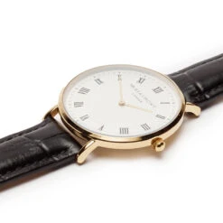 Retro Gold Case & Black Leather Strap Watch -Fashion Accessories Mr Beaumont personalised retro watch black gold flat close