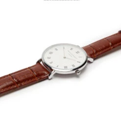 Retro Silver Case & Brown Leather Strap Watch -Fashion Accessories Mr Beaumont personalised retro watch brown silver flat