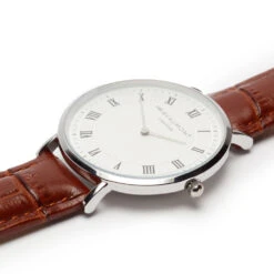 Retro Silver Case & Brown Leather Strap Watch -Fashion Accessories Mr Beaumont personalised retro watch brown silver flat close