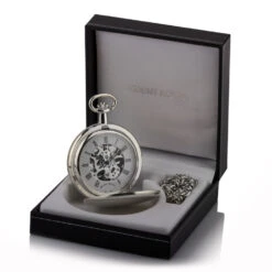 Double Hunter Mechanical Pocket Watch – Silver -Fashion Accessories Personalised skeleton silver pocket watch in box Mount Royal