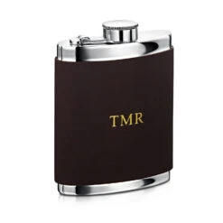 Personalised Pewter Hip Flask With Black Leather Wrap