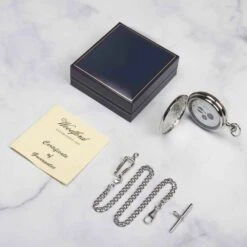 Woodford Tri-Dial Personalised Pocket Watch 7 Woodford Tri-Dial Personalised Pocket Watch -Fashion Accessories Woodfoord Silver Pocketwatch Flat Lay scaled 1