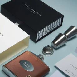 Leather Hip Flask Personalised – Brown -Fashion Accessories brown leather packaging 2000x2000 1