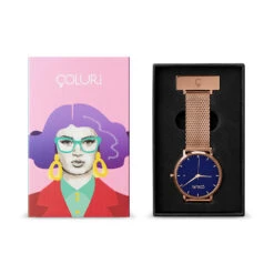 Coluri Rose Gold Mesh Nurse Watch – Blue -Fashion Accessories coluri gold mesh blue dial box