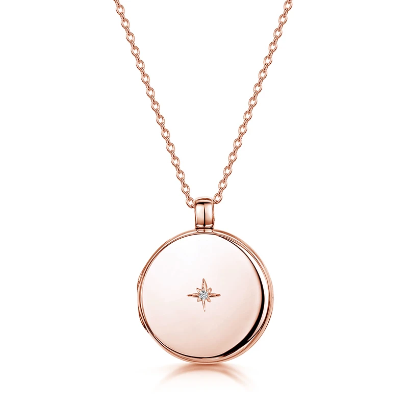 Diamond Round Engraved Locket – Rose 3 Diamond Round Engraved Locket – Rose