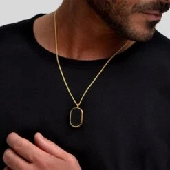Men’s Large Onyx Dog Tag Locket – Gold -Fashion Accessories large onyx dog tag gold