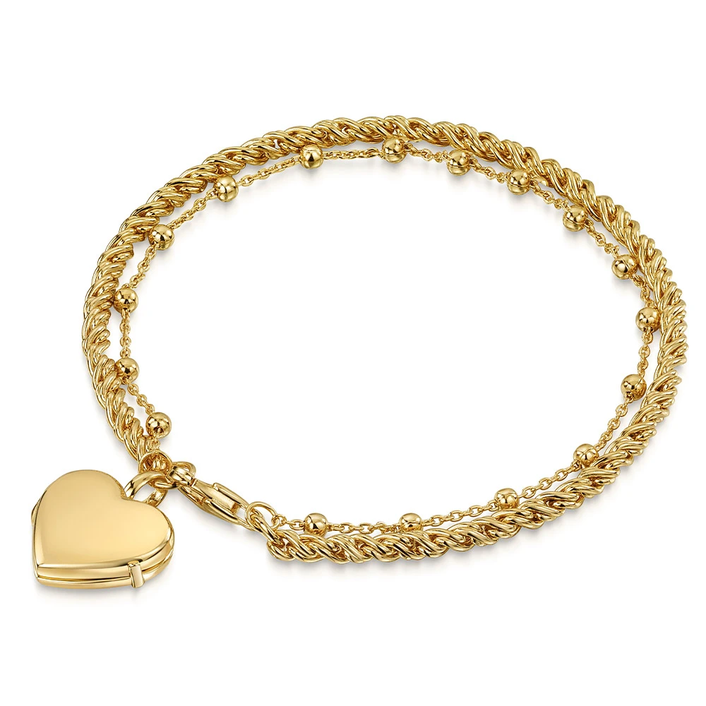 Rope Chain Heart Locket Bracelet – Gold 3 Rope Chain Heart Locket Bracelet – Gold