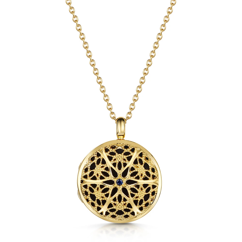 Sapphire Filigree Round Locket – Gold 3 Sapphire Filigree Round Locket – Gold