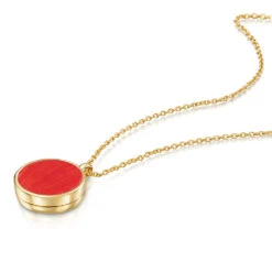 Coral Modern Round Locket – Gold -Fashion Accessories locket round inlay coral flatlay close gold