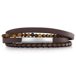 Brown Leather & Tigers Eye Name Bar Bracelet – LARGE