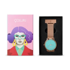 Coluri Rose Gold Mesh Nurse Watch – Green Dial -Fashion Accessories rose gold mesh nurse fob green dial box
