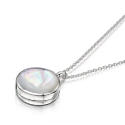 Mother Of Pearl Round Locket – Silver -Fashion Accessories round locket pearl inlay silver flat 1