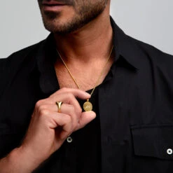 Solid Silver Compass Men’s Necklace – 18K Gold Plate -Fashion Accessories round pendant reverse gold